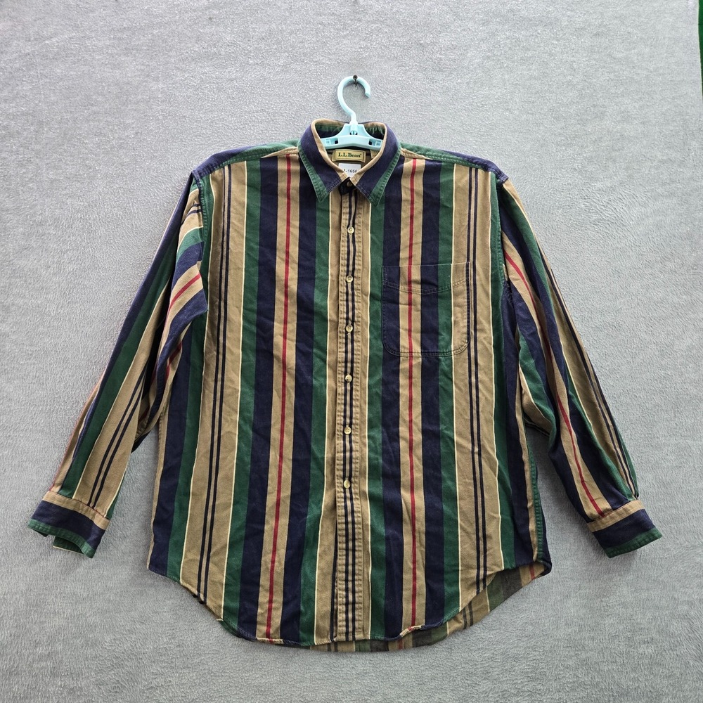 VINTAGE LL Bean Men Button Up Shirt Large Green Striped Long Sleeve Pocket‎ - Picture 5 of 11